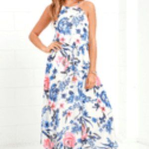 Blue and Ivory Floral Print Maxi Dress - Large